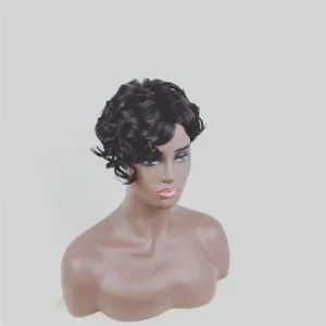 Detailed close-up of natural black short curly synthetic wig on a dark-skinned mannequin