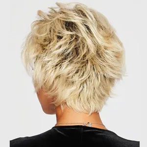 Short blonde layered wig for women featuring a textured fluffy cut and stylish bob look