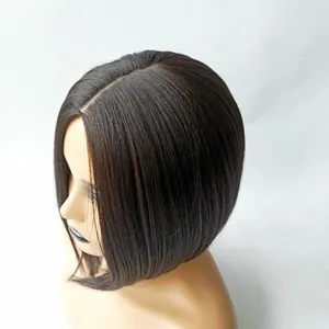 Detailed view of dark brown short bob wig with middle part and smooth synthetic hair texture