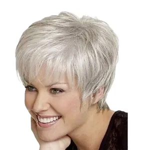 Short layered silver-grey synthetic hair wig for women with side-swept bangs in a chic style
