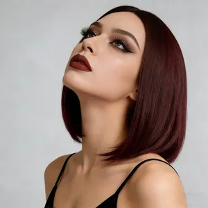Short straight wine red ombre bob wig for women with stylish middle part and natural shine