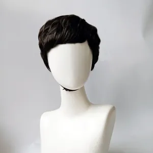 Close-up of wavy dark brown synthetic short wig styled on a white mannequin head