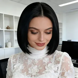 Close-up of black short straight Bob wig with center part on model in white lace top