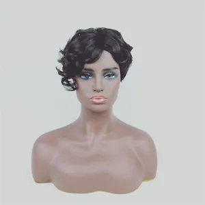 Front view of a short curly black wig for women on a mannequin with vintage waves