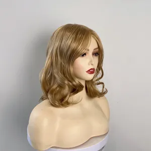 Long wavy golden brown synthetic hair wig with natural curls for women shown at 45-degree angle