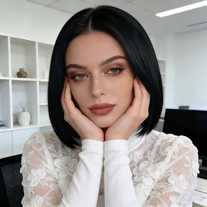 Short black middle part bob wig for women with straight hair and high density fiber
