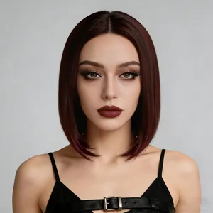 Mid-length shoulder-grazing auburn red bob wig with a middle part and straight smooth hair