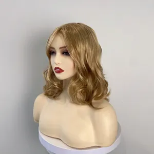 Golden brown wavy synthetic wig for women with natural mid-length beach waves hairstyle