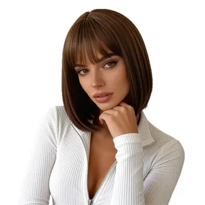 Short dark brown Bob wig with bangs made of synthetic heat-resistant fiber for women