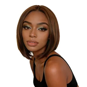 Short dark brown Bob wig with middle part and sleek straight hair for women