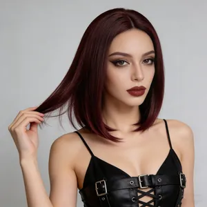 Chic burgundy middle part bob wig, shoulder-length straight synthetic hair for women