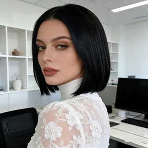 Short black bob wig with straight middle part style for a sleek minimalist look