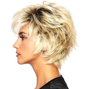 Short ash blonde layered wig with dark roots and natural fluffy style for women