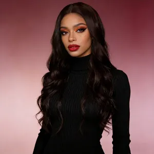 Long wavy dark brown wig for women paired with a black turtleneck ribbed knit sweater