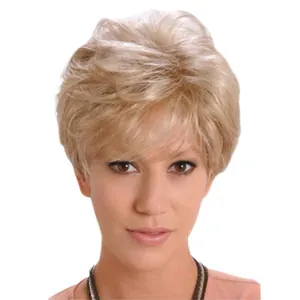 Short blonde pixie cut wig with dark roots and natural layered texture for women