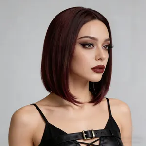 Detailed view of silky burgundy red bob wig with a natural middle part hair seam