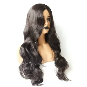 Detailed texture of middle part long wavy synthetic hair in natural black for women