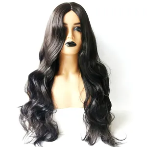 Detailed view of middle part long wavy synthetic hair wig on a white mannequin head
