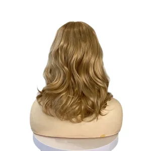 Back view of a 40cm long wavy golden brown synthetic wig on a mannequin head