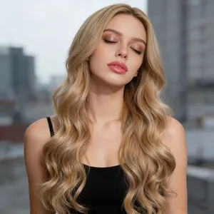 Lange gewellte hellblonde Perücke für Damen mit Mittelscheitel und glänzendem Kunsthaar