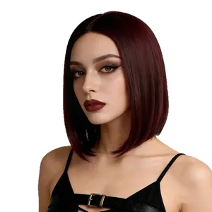 Short straight wine red Bob wig for women with middle part and silky smooth finish