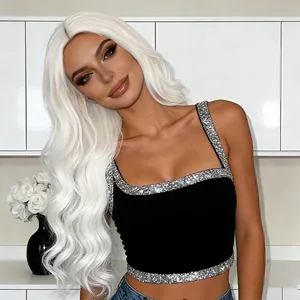 Long wavy platinum blonde synthetic wig with center part and natural ocean waves curls