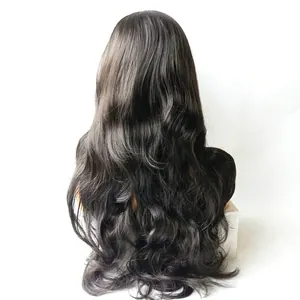 Detailed back view of long wavy brunette synthetic wig with dense natural volume