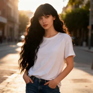 Classic white crew neck cotton T-shirt paired with denim jeans in soft sunset lighting