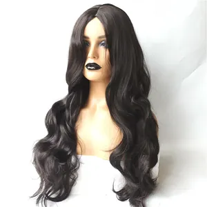 Close-up of 26-inch middle part long wavy black synthetic hair wig on a mannequin