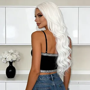 Long wavy platinum white synthetic wig for women with stylish big ocean waves