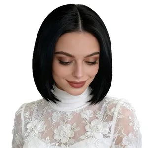 Chic black short straight Bob wig with center part on model wearing lace top