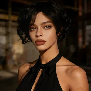 Gros plan d'une perruque noire courte et bouclée avec ondulations volumineuses sur mannequin