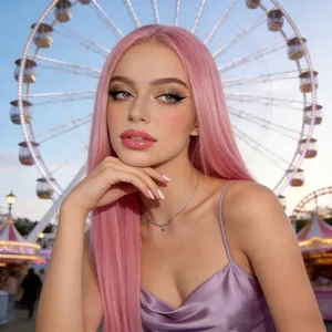 Lange glatte rosa Kunsthaarperücke mit Mittelscheitel vor einem Riesenrad-Hintergrund
