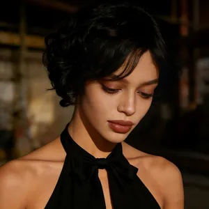 Perruque courte bouclée noire pour femme avec texture ondulée naturelle et fini soyeux