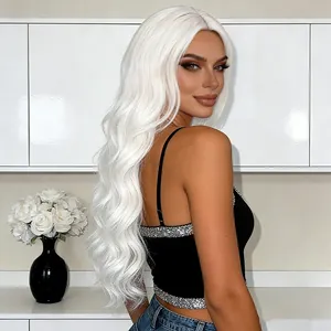 Long wavy platinum white synthetic wig for women with natural big waves and middle part