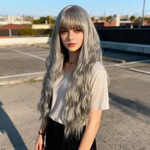 Detailed close-up of long wavy grey wig with flat bangs and natural soft texture