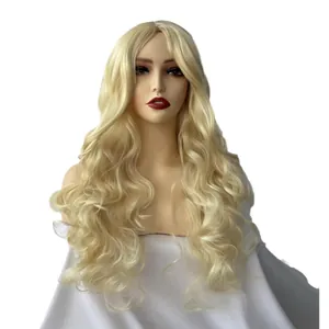 Peluca larga ondulada rubio claro para cosplay con raya al medio y ondas grandes