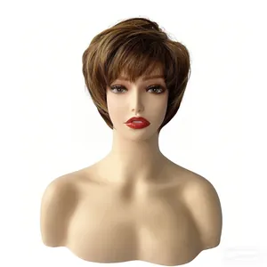 Front view of women's short brown synthetic wig with layered texture and natural bangs