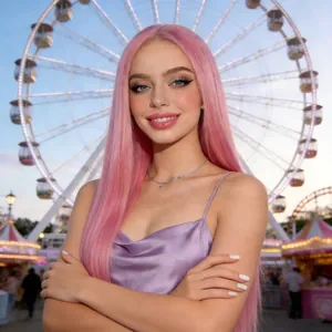 Lange glatte rosa Kunsthaarperücke mit natürlicher Kopfhaut für Damen am Model im Park