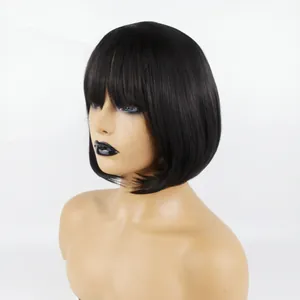 Short black Bob wig with flat bangs on a mannequin head, professional sleek straight hair