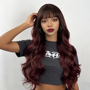 Long wavy burgundy wig with neat bangs and deep wine red synthetic hair for women