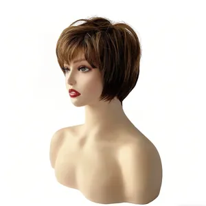 Detailed side view of short textured brown wig with highlights on a mannequin