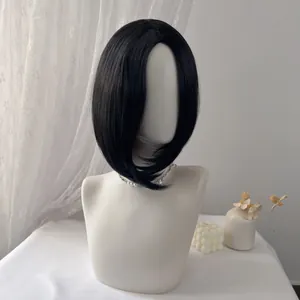 Close-up of sleek black bob wig with natural sheen on a model with pearl necklace
