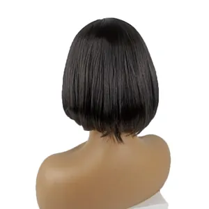 Rear view of a black short bob wig with straight hair and smooth synthetic fiber texture