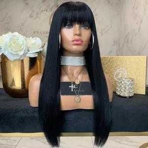 Long straight black synthetic wig with bangs on model in a high-end luxury studio setting