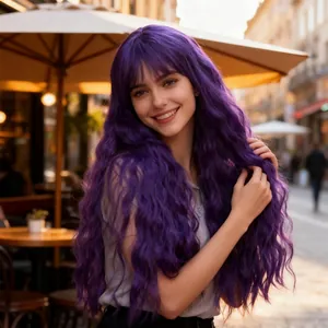 Detailed view of long wavy purple wig with blunt bangs featuring soft water wave texture