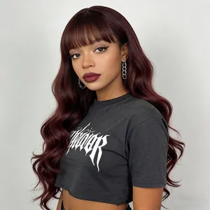 Long wavy wine red wig with bangs, high-quality heat resistant fiber synthetic hairpiece