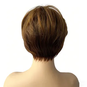 Detailed back view of short textured dark brown synthetic wig with natural layering