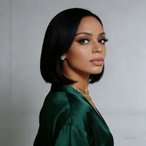 Perruque synthétique courte bob noir naturel pour femme avec raie latérale élégante