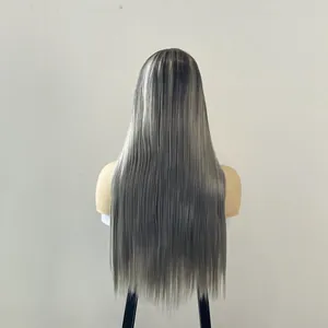 Back view of smooth long straight wig with silver grey ombre finish on female mannequin